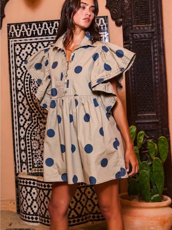BUCKETLIST Dresses & Skirts - BUCKETLIST Taupe Mini Dress with Navy Polka Dots